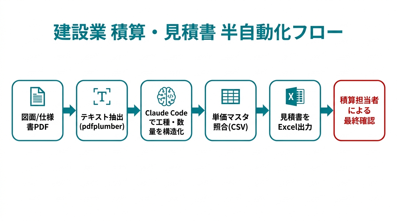 建設業積算・見積書作成の半自動化フロー：図面/仕様書PDFからpdfplumberでテキスト抽出→Claude Codeで工種・数量構造化→単価マスタCSV照合→見積明細Excel出力の4段階フロー図