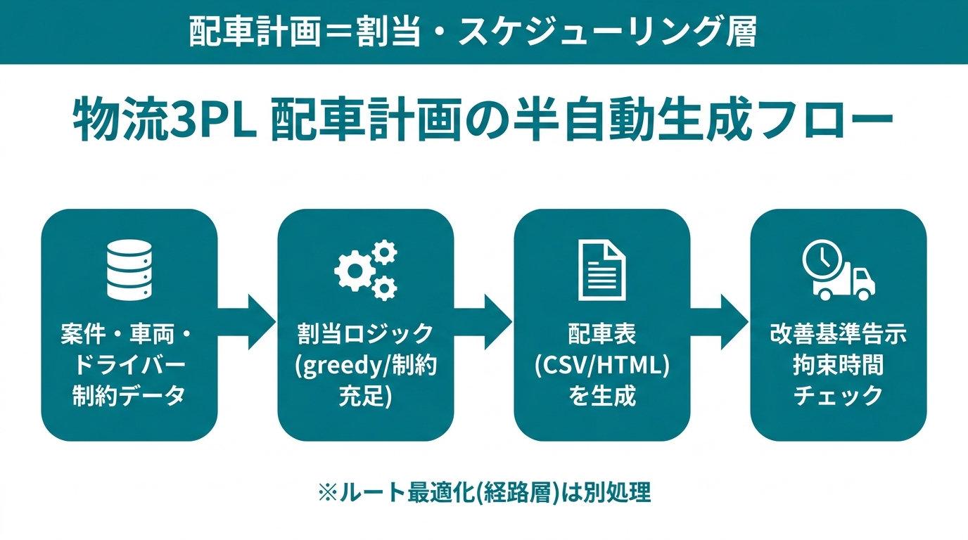 配車計画の全体フロー：案件データ・制約データの入力から割当ロジック、配車表生成、拘束時間チェックまでの流れ図