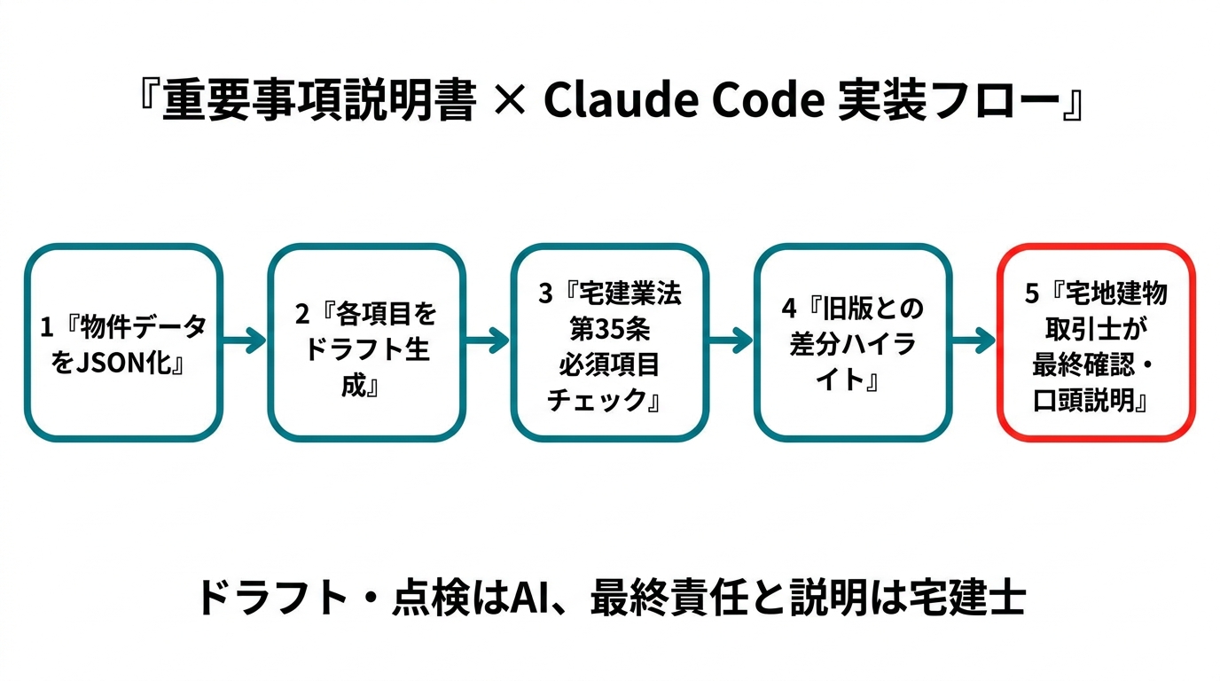 重要事項説明書×Claude Code 実装フロー図：物件データJSON化→Claude Codeドラフト生成→第35条必須項目チェック→差分ハイライト→宅建士最終確認の5ステップ
