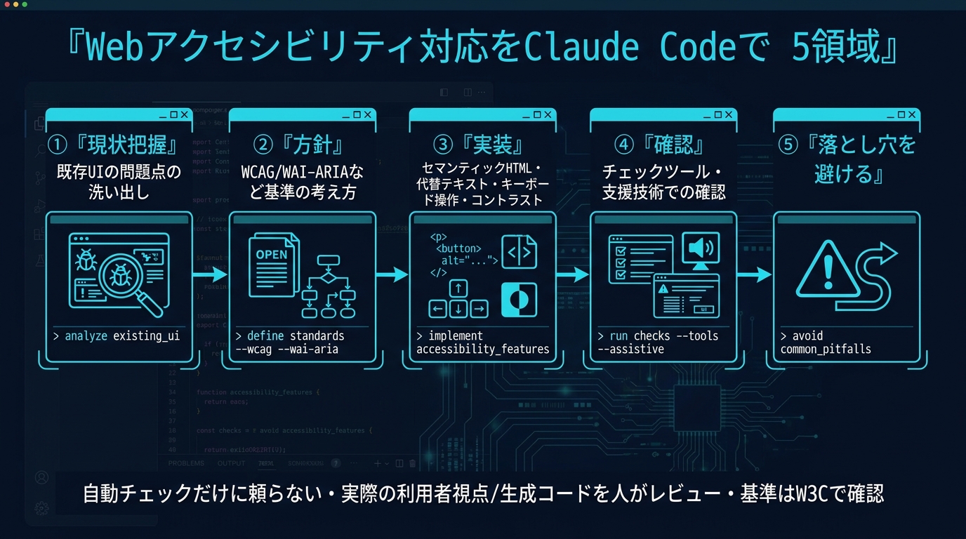 Webアクセシビリティ対応をClaude Codeで進める5領域。①現状把握（既存UIの問題点の洗い出し）②方針（WCAG/WAI-ARIAなど基準の考え方）③実装（セマンティックHTML・代替テキスト・キーボード操作・コントラスト）④確認（チェックツール・支援技術での確認）⑤落とし穴を避ける。自動チェックだけに頼らない・実際の利用者視点、生成コードを人がレビュー・基準はW3Cで確認。