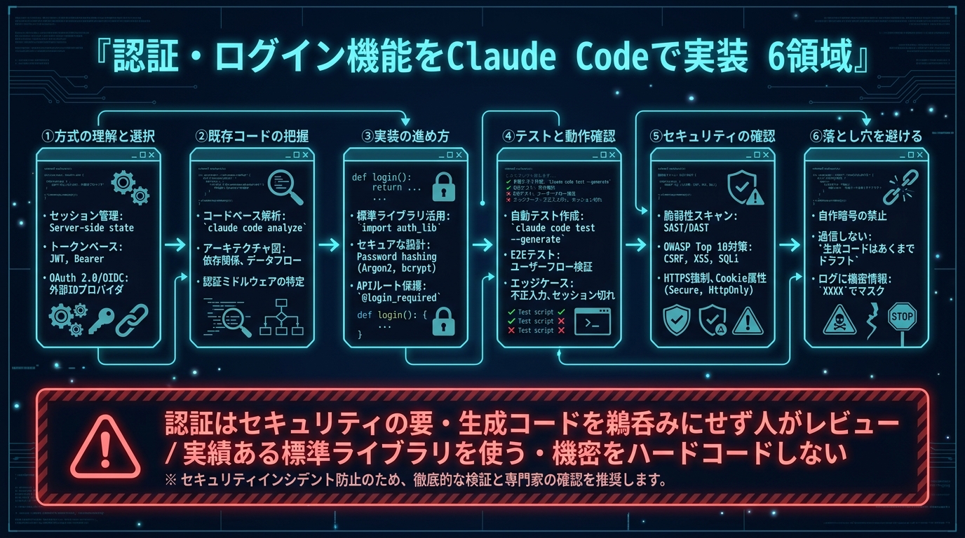 認証・ログイン機能をClaude Codeで実装する6領域。①方式の理解と選択（セッション/トークン/OAuth）②既存コードの把握 ③実装の進め方（標準ライブラリ活用）④テストと動作確認 ⑤セキュリティの確認 ⑥落とし穴を避ける。認証はセキュリティの要・生成コードを鵜呑みにせず人がレビュー、実績ある標準ライブラリを使う、機密をハードコードしない。
