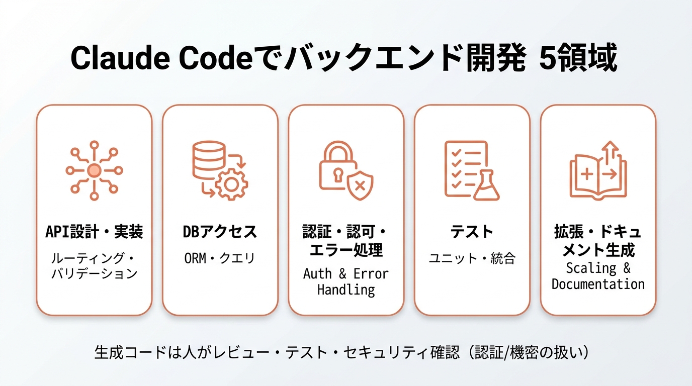 Claude Codeでバックエンド開発5領域。①API設計・実装（ルーティング・バリデーション）②DBアクセス（ORM・クエリ）③認証・認可・エラー処理 ④テスト（ユニット・統合）⑤拡張・ドキュメント生成。生成コードは人がレビュー・テスト・セキュリティ確認（認証/機密の扱い）。