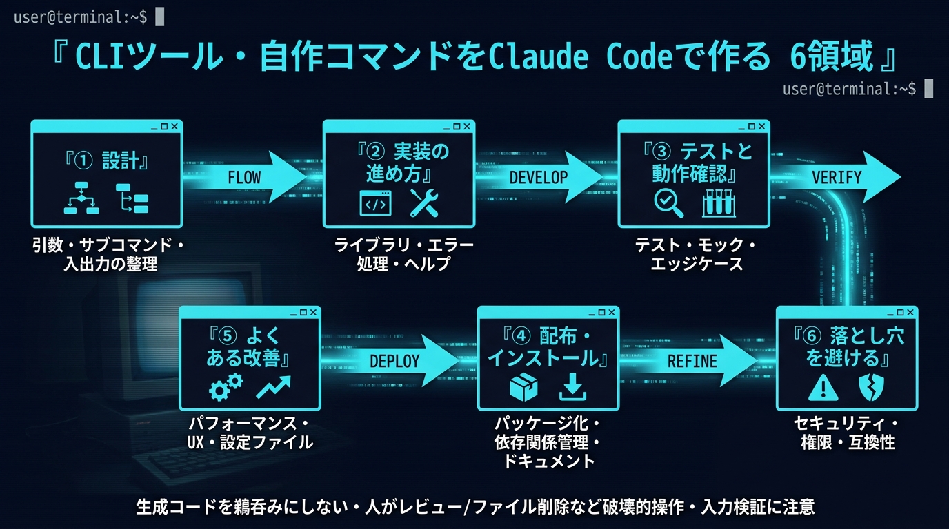 CLIツール・自作コマンドをClaude Codeで作る6領域。①設計（引数・サブコマンド・入出力の整理）②実装の進め方（ライブラリ・エラー処理・ヘルプ）③テストと動作確認 ④配布・インストール ⑤よくある改善 ⑥落とし穴を避ける。生成コードを鵜呑みにしない・人がレビュー、ファイル削除など破壊的操作・入力検証に注意。