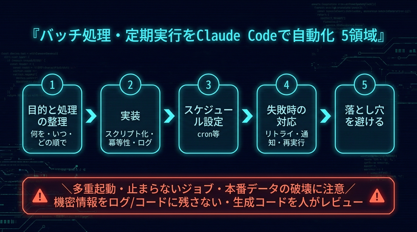 バッチ処理・定期実行をClaude Codeで自動化する5領域。①目的と処理の整理（何を・いつ・どの順で）②実装（スクリプト化・冪等性・ログ）③スケジュール設定（cron等）④失敗時の対応（リトライ・通知・再実行）⑤落とし穴を避ける。多重起動・止まらないジョブ・本番データの破壊に注意、機密情報をログ/コードに残さない・生成コードを人がレビュー。
