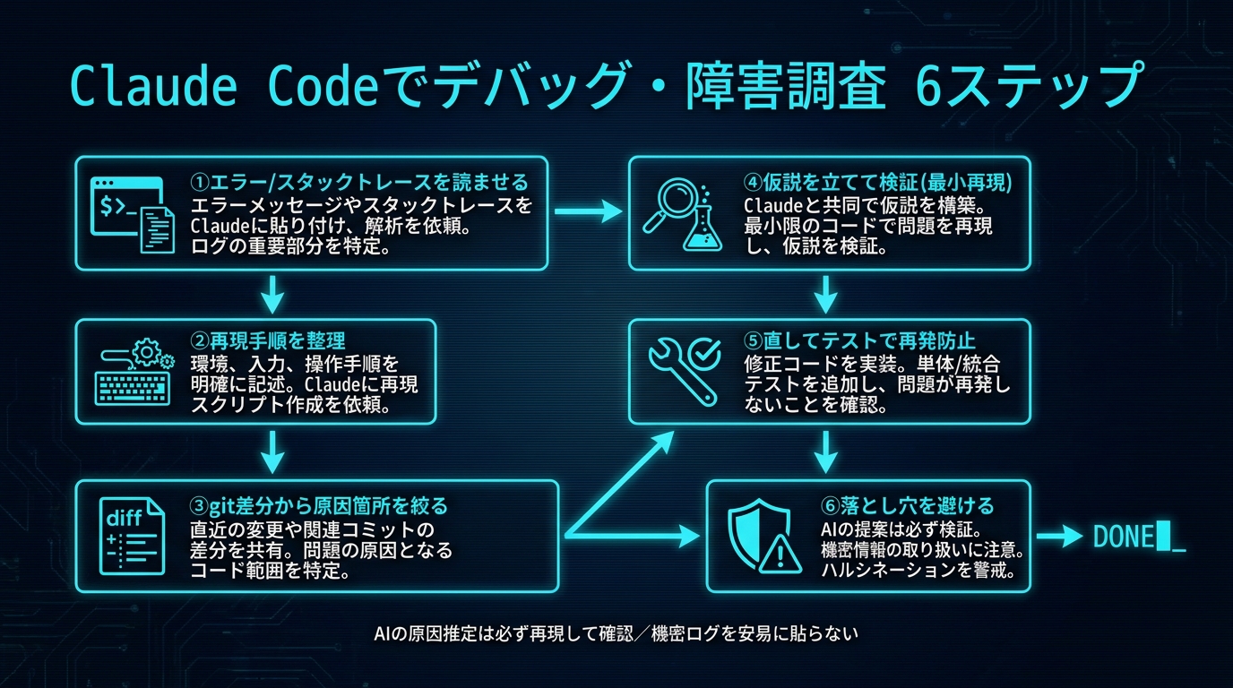 Claude Codeでデバッグ・障害調査を効率化する6ステップ。①エラー/スタックトレースを読ませる ②再現手順を整理 ③git差分から原因箇所を絞る ④仮説を立てて検証（最小再現）⑤直してテストで再発防止 ⑥落とし穴を避ける。AIの原因推定は必ず再現して確認、機密ログを安易に貼らない。