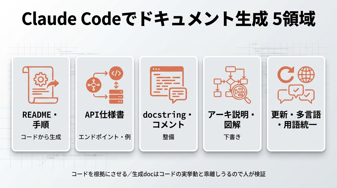 Claude Codeでドキュメント生成5領域。①README・手順（コードから生成）②API仕様書（エンドポイント・例）③docstring・コメント整備 ④アーキ説明・図解の下書き ⑤更新・多言語・用語統一。コードを根拠にさせる。生成docはコードの実挙動と乖離しうるので人が検証。