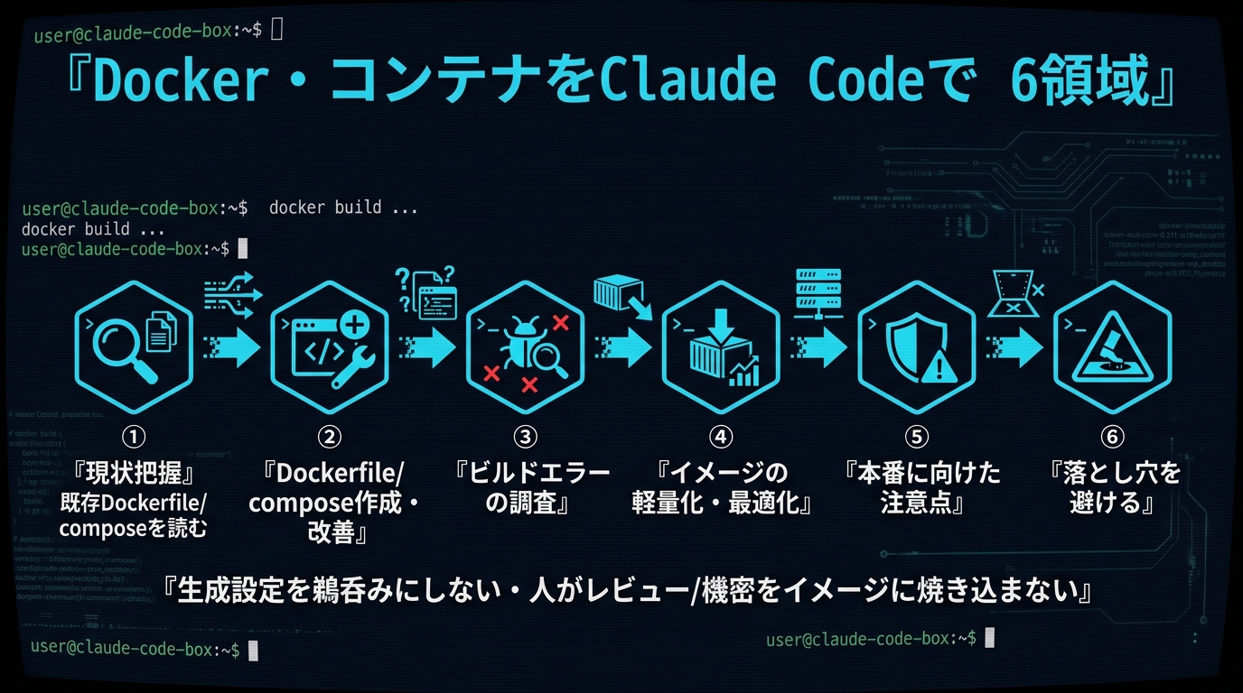 Docker・コンテナをClaude Codeで構築する6領域。①現状把握(既存Dockerfile/composeを読む)②Dockerfile/compose作成・改善 ③ビルドエラーの調査 ④イメージの軽量化・最適化 ⑤本番に向けた注意点 ⑥落とし穴を避ける。生成設定を鵜呑みにしない・人がレビュー、機密をイメージに焼き込まない。