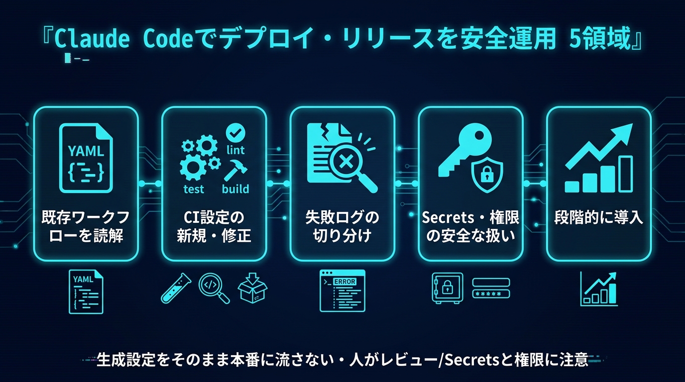 Claude Codeでデプロイ・リリースを安全運用する5領域。①既存ワークフローを読解（YAML）②CI設定の新規・修正（テスト/lint/ビルド）③失敗ログの切り分け ④Secrets・権限の安全な扱い ⑤段階的に導入。生成設定をそのまま本番に流さない・人がレビュー、Secretsと権限に注意。