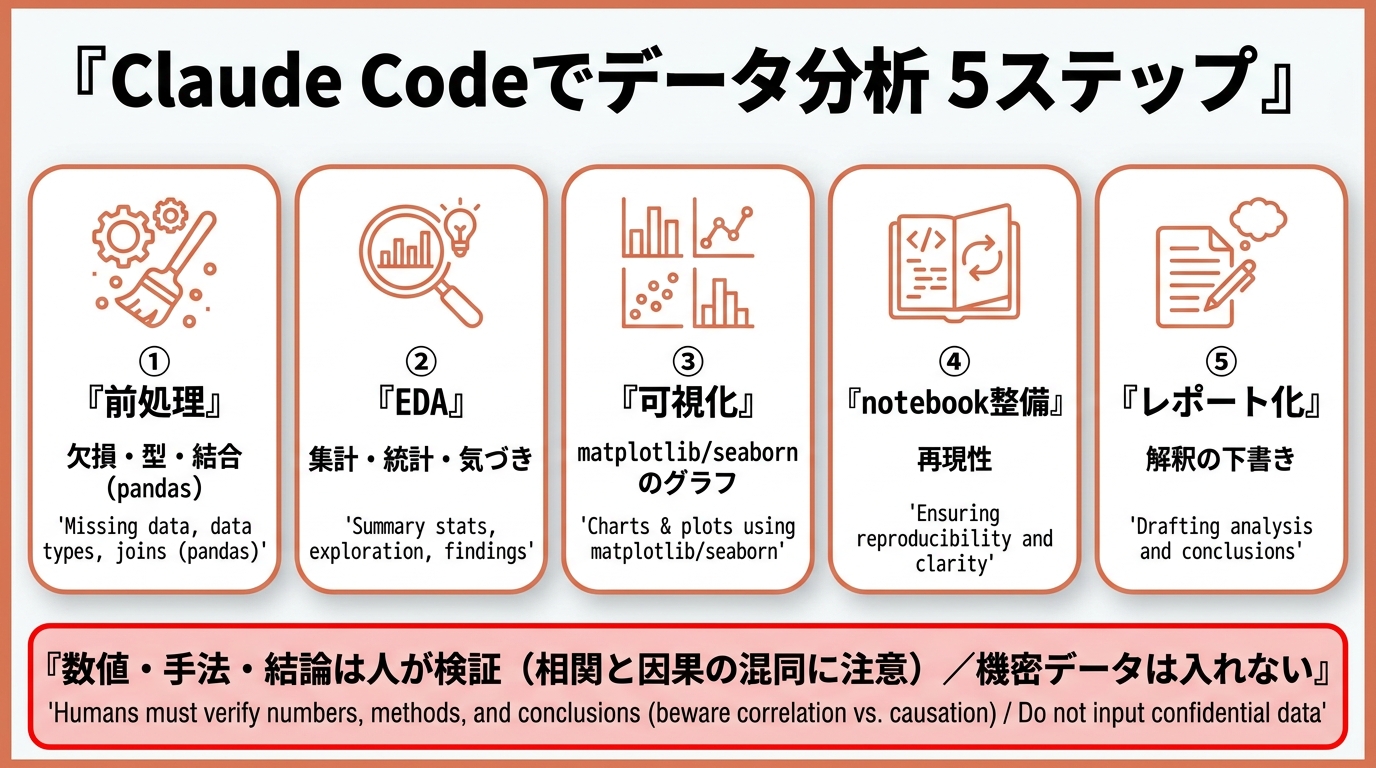Claude Codeでデータ分析5ステップ。①前処理（欠損・型・結合：pandas）②EDA（集計・統計・気づき）③可視化（matplotlib/seabornのグラフ）④notebook整備（再現性）⑤レポート化（解釈の下書き）。数値・手法・結論は人が検証（相関と因果の混同に注意）、機密データは入れない。