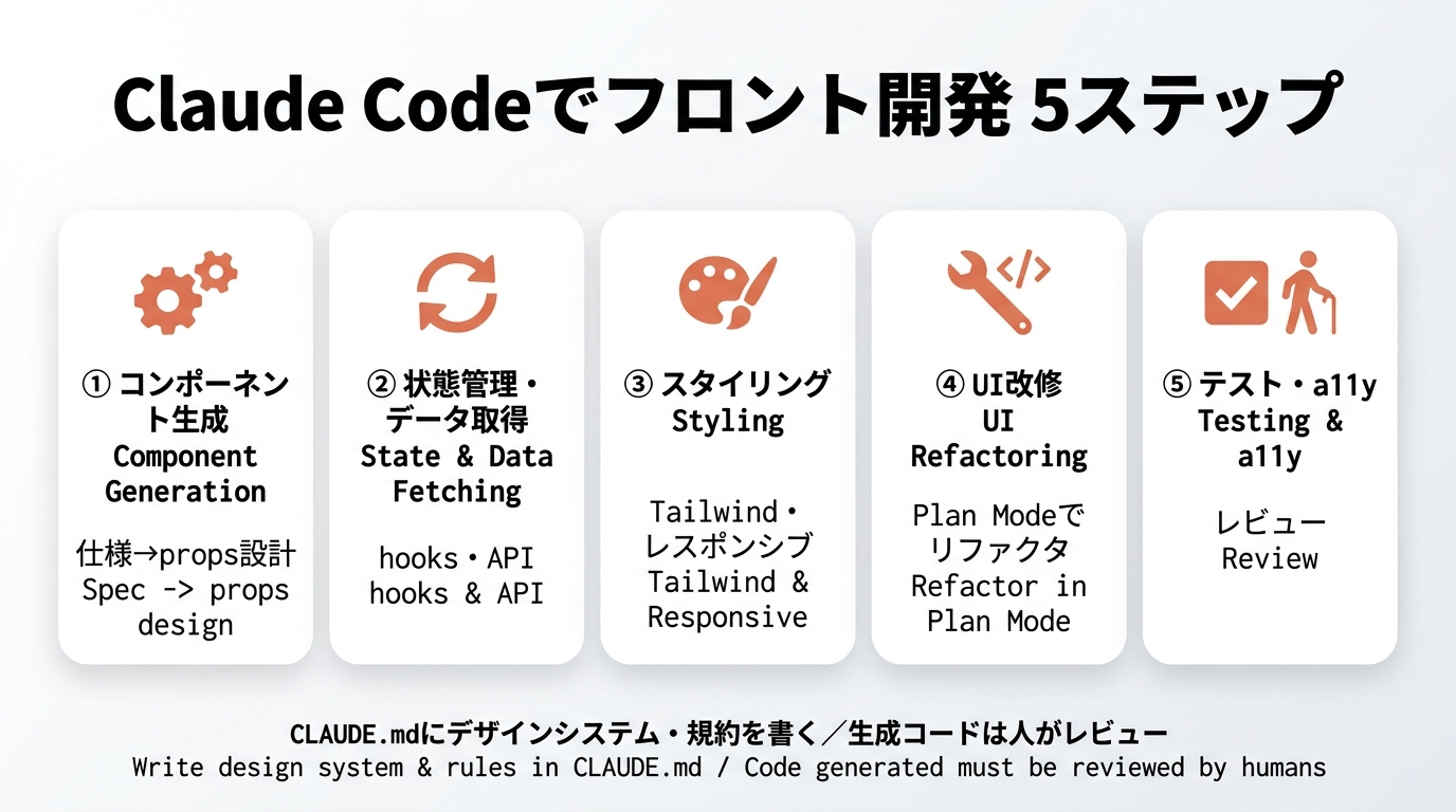 Claude Codeでフロント開発5ステップ。①コンポーネント生成（仕様→props設計）②状態管理・データ取得（hooks・API）③スタイリング（Tailwind・レスポンシブ）④UI改修（Plan Modeでリファクタ）⑤テスト・a11yレビュー。CLAUDE.mdにデザインシステム・規約を書く。生成コードは人がレビュー。