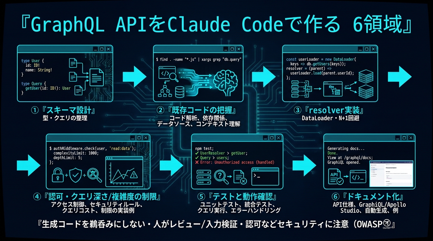 GraphQL APIをClaude Codeで作る6領域。①スキーマ設計(型・クエリの整理)②既存コードの把握 ③resolver実装(DataLoader・N+1回避)④認可・クエリ深さ/複雑度の制限 ⑤テストと動作確認 ⑥ドキュメント化。生成コードを鵜呑みにしない・人がレビュー、入力検証・認可などセキュリティに注意(OWASP)。