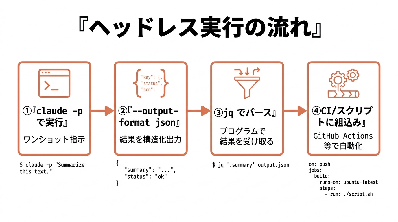 Claude Codeヘッドレス実行の流れ。①claude -p でワンショット実行→②--output-format json で構造化出力→③jq でパース→④CI/スクリプトに組み込み自動化。