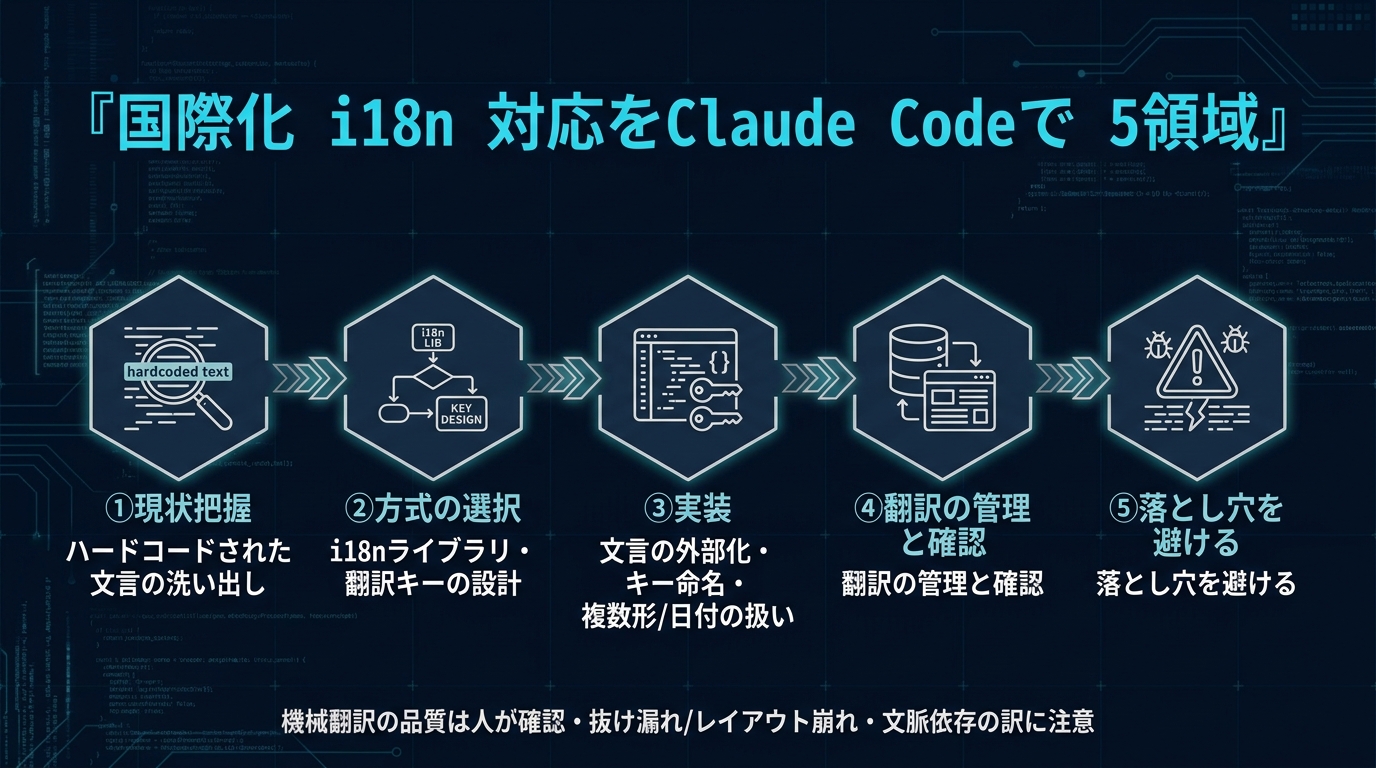 国際化i18n対応をClaude Codeで進める5領域。①現状把握（ハードコードされた文言の洗い出し）②方式の選択（i18nライブラリ・翻訳キーの設計）③実装（文言の外部化・キー命名・複数形/日付の扱い）④翻訳の管理と確認 ⑤落とし穴を避ける。機械翻訳の品質は人が確認・抜け漏れ、レイアウト崩れ・文脈依存の訳に注意。