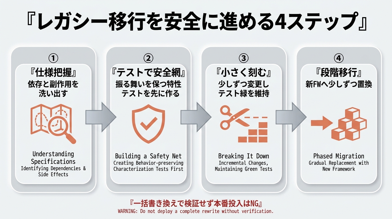 レガシー移行を安全に進める4ステップ。①仕様把握（依存と副作用の洗い出し）→②テストで安全網（特性テストを先に作る）→③小さく刻む（テスト緑を維持）→④段階移行。一括書き換えで検証せず本番投入はNG。