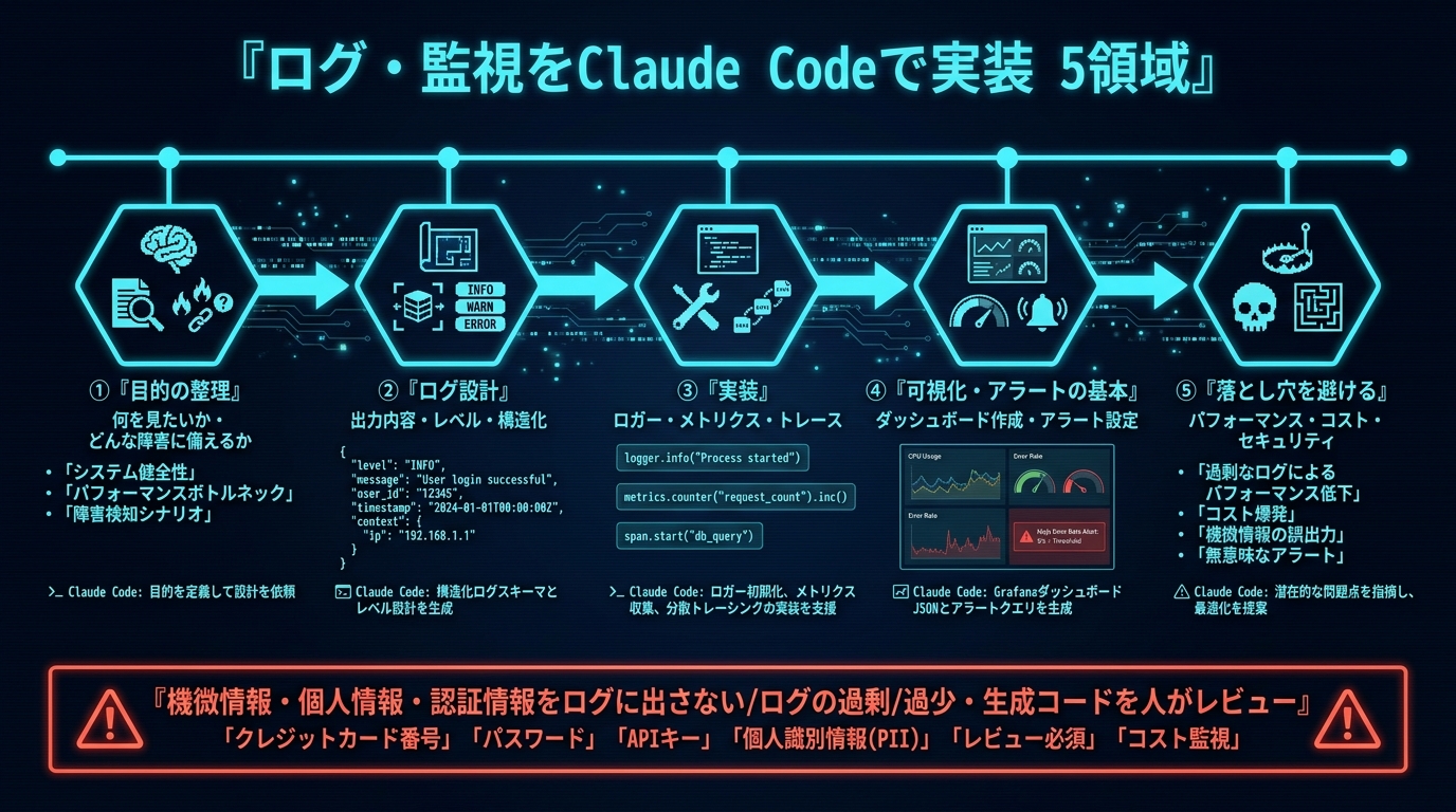 ログ・監視をClaude Codeで実装する5領域。①目的の整理（何を見たいか・どんな障害に備えるか）②ログ設計（出力内容・レベル・構造化）③実装（ロガー・メトリクス・トレース）④可視化・アラートの基本 ⑤落とし穴を避ける。機微情報・個人情報・認証情報をログに出さない、ログの過剰/過少・生成コードを人がレビュー。