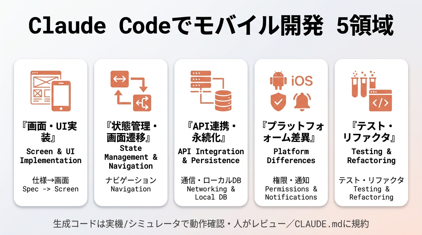 Claude Codeでモバイル開発5領域。①画面・UI実装（仕様→画面）②状態管理・画面遷移（ナビゲーション）③API連携・永続化（通信・ローカルDB）④プラットフォーム差異（権限・通知）⑤テスト・リファクタ。生成コードは実機/シミュレータで動作確認・人がレビュー、CLAUDE.mdに規約。