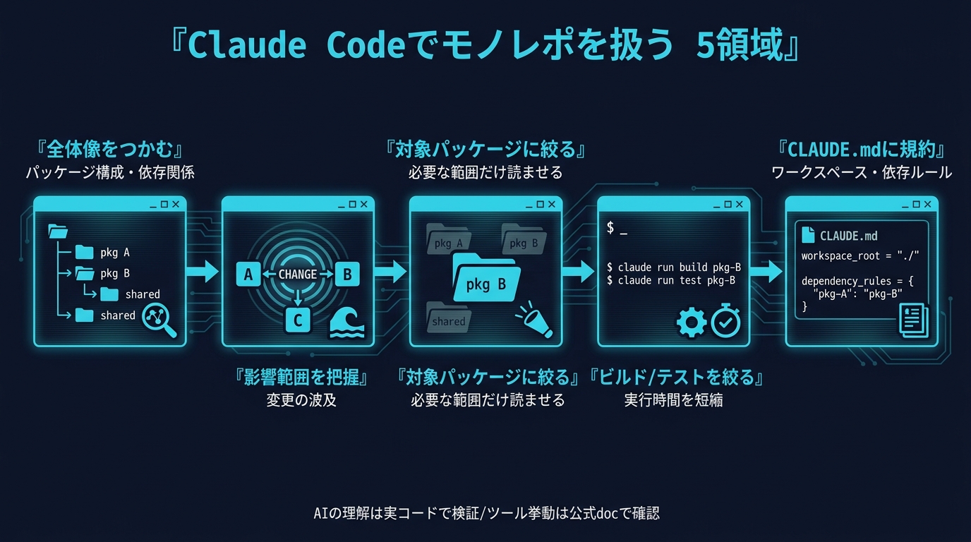 Claude Codeでモノレポを扱う5領域。①全体像をつかむ（パッケージ構成・依存関係）②影響範囲を把握（変更の波及）③対象パッケージに絞る（必要な範囲だけ読ませる）④ビルド/テストを絞る ⑤CLAUDE.mdに規約（ワークスペース・依存ルール）。AIの理解は実コードで検証、ツール挙動は公式docで確認。