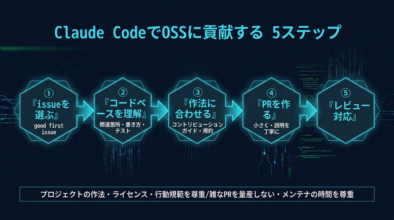 Claude CodeでOSSに貢献する5ステップ。①issueを選ぶ（good first issue）②コードベースを理解（関連箇所・書き方・テスト）③作法に合わせる（コントリビューションガイド・規約）④PRを作る（小さく・説明を丁寧に）⑤レビュー対応。プロジェクトの作法・ライセンス・行動規範を尊重、雑なPRを量産しない。