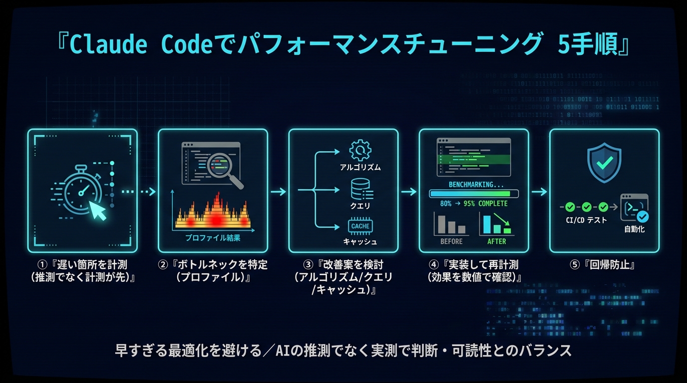 Claude Codeでパフォーマンスチューニングを進める5手順。①遅い箇所を計測（推測でなく計測が先）②ボトルネックを特定（プロファイル）③改善案を検討（アルゴリズム/クエリ/キャッシュ）④実装して再計測（効果を数値で確認）⑤回帰防止。早すぎる最適化を避ける、AIの推測でなく実測で判断。