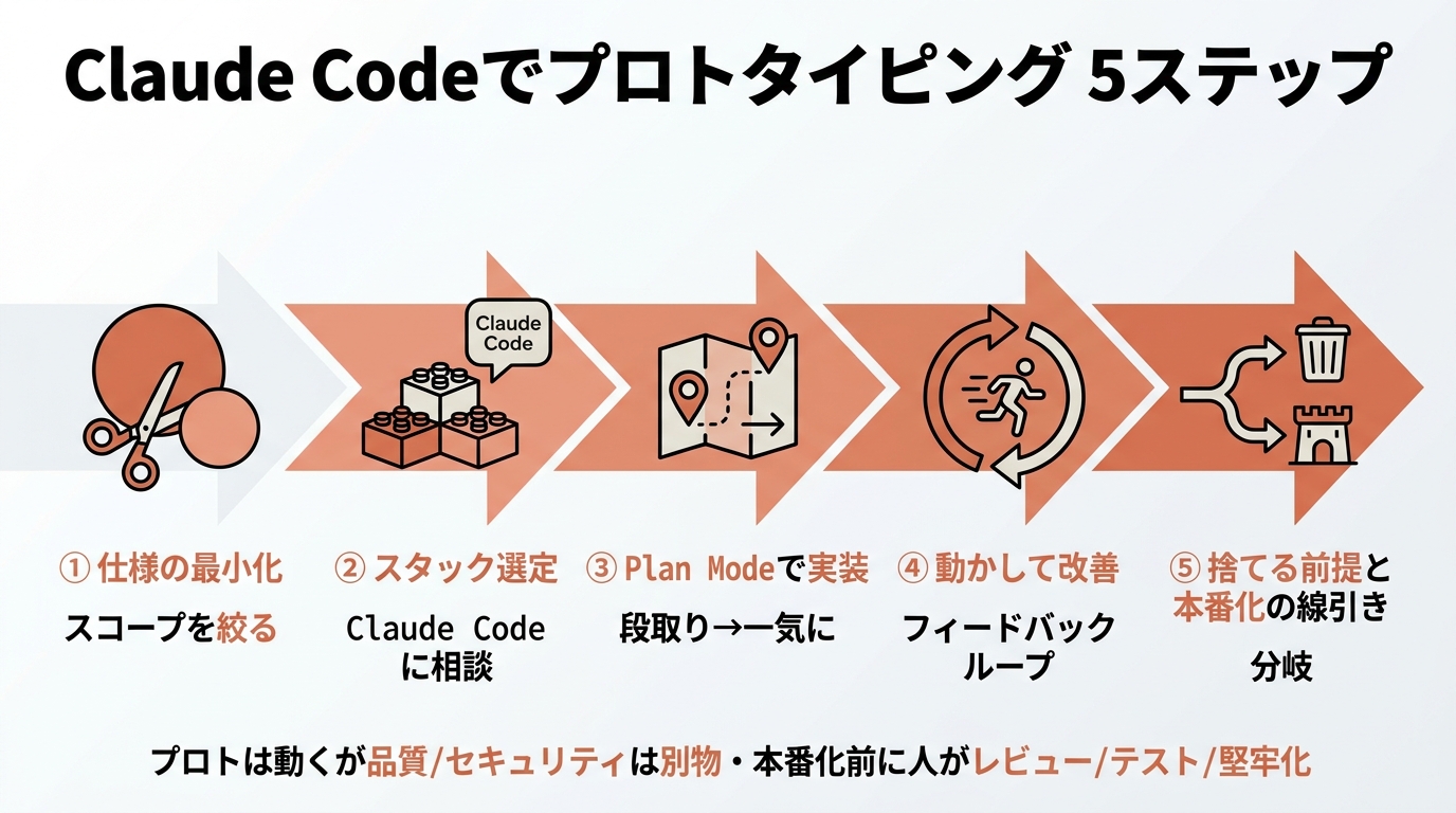 Claude Codeでプロトタイピング5ステップ。①仕様の最小化（スコープを絞る）②スタック選定（Claude Codeに相談）③Plan Modeで実装（段取り→一気に）④動かして改善（フィードバックループ）⑤捨てる前提と本番化の線引き。プロトは動くが品質/セキュリティは別物、本番化前に人がレビュー/テスト/堅牢化。
