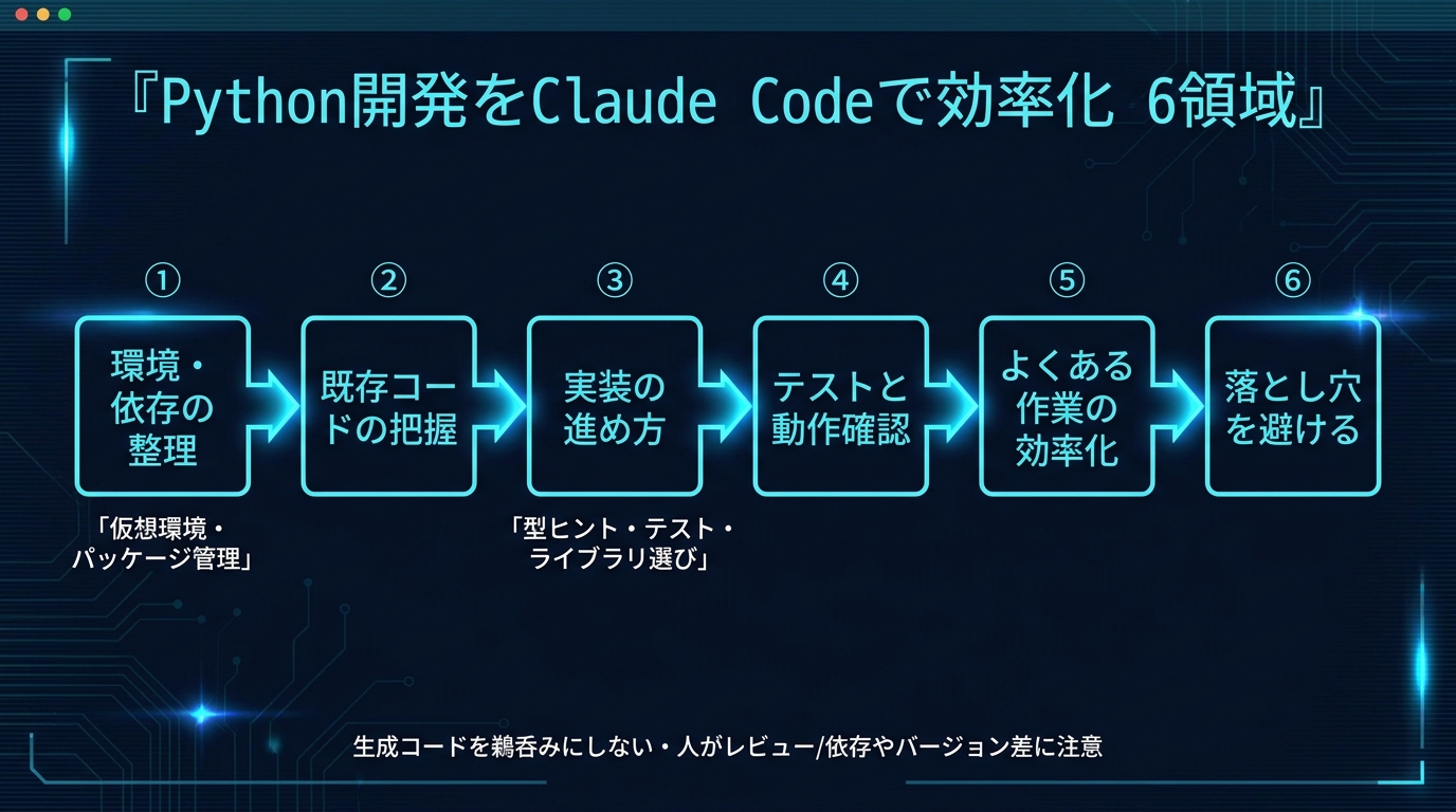 Python開発をClaude Codeで効率化する6領域。①環境・依存の整理（仮想環境・パッケージ管理）②既存コードの把握 ③実装の進め方（型ヒント・テスト・ライブラリ選び）④テストと動作確認 ⑤よくある作業の効率化 ⑥落とし穴を避ける。生成コードを鵜呑みにしない・人がレビュー、依存やバージョン差に注意。