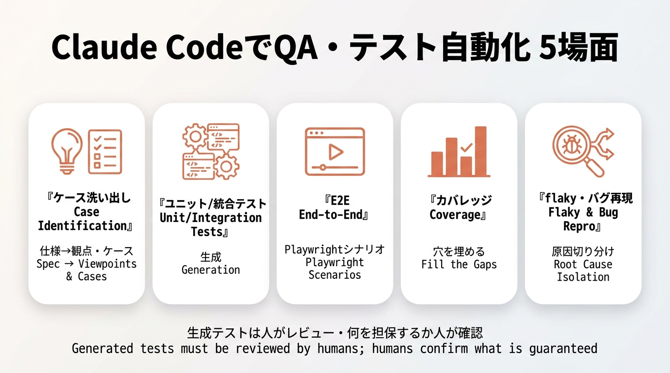 Claude CodeでQA・テスト自動化5場面。①ケース洗い出し（仕様→観点・ケース）②ユニット/統合テスト生成 ③E2E（Playwrightシナリオ）④カバレッジの穴を埋める ⑤flaky・バグ再現の原因切り分け。生成テストは人がレビュー、何を担保するか人が確認。
