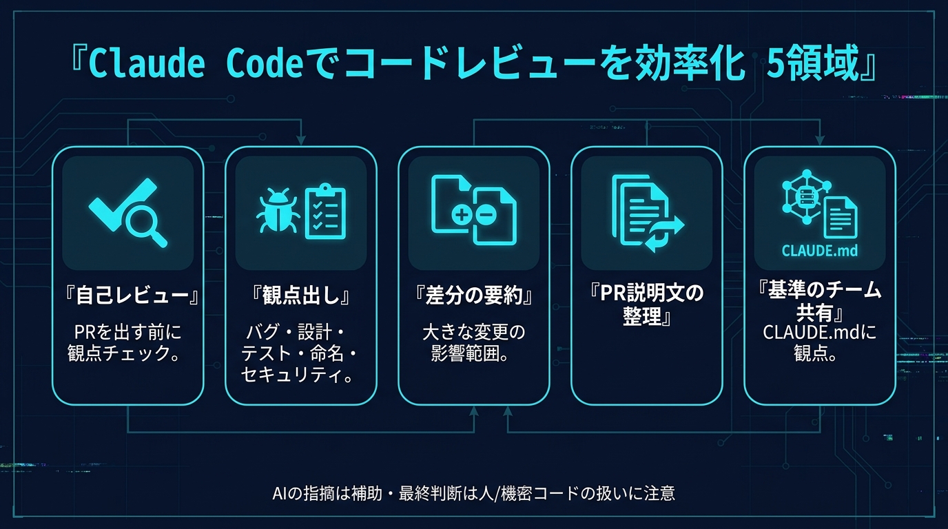 Claude Codeでコードレビューを効率化する5領域。①自己レビュー（PRを出す前に観点チェック）②観点出し（バグ・設計・テスト・命名・セキュリティ）③差分の要約（大きな変更の影響範囲）④PR説明文の整理 ⑤基準のチーム共有（CLAUDE.mdに観点）。AIの指摘は補助・最終判断は人、機密コードの扱いに注意。