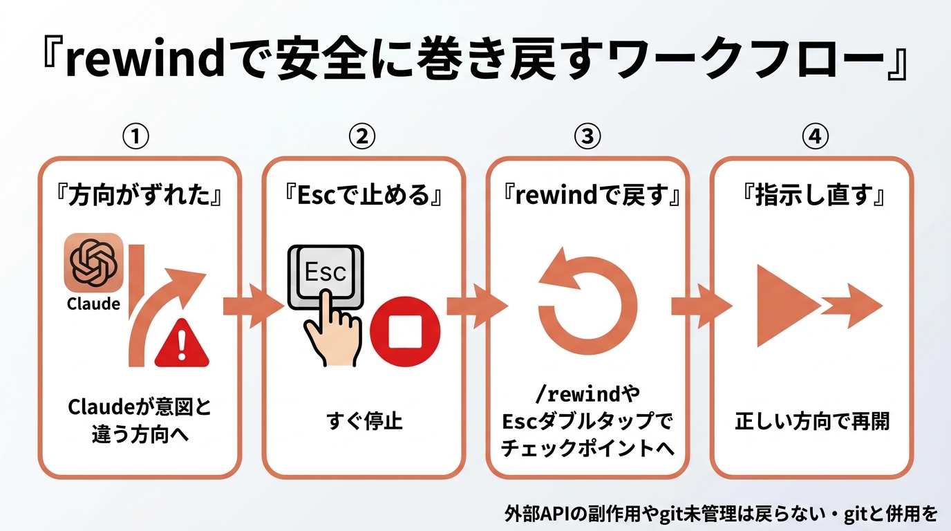 rewindで安全に巻き戻すワークフロー。①方向がずれた→②Escで止める→③rewindで戻す（/rewindやEscダブルタップでチェックポイントへ）→④指示し直す。外部APIの副作用やgit未管理は戻らないのでgitと併用を。