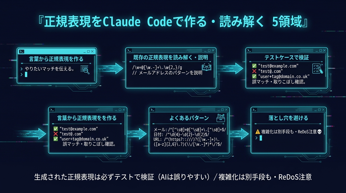 正規表現をClaude Codeで作る・読み解く5領域。①言葉から正規表現を作る（やりたいマッチを伝える）②既存の正規表現を読み解く・説明 ③テストケースで検証（誤マッチ・取りこぼし確認）④よくあるパターン（メール/日付/URL）⑤落とし穴を避ける。生成された正規表現は必ずテストで検証（AIは誤りやすい）、複雑化は別手段も・ReDoS注意。