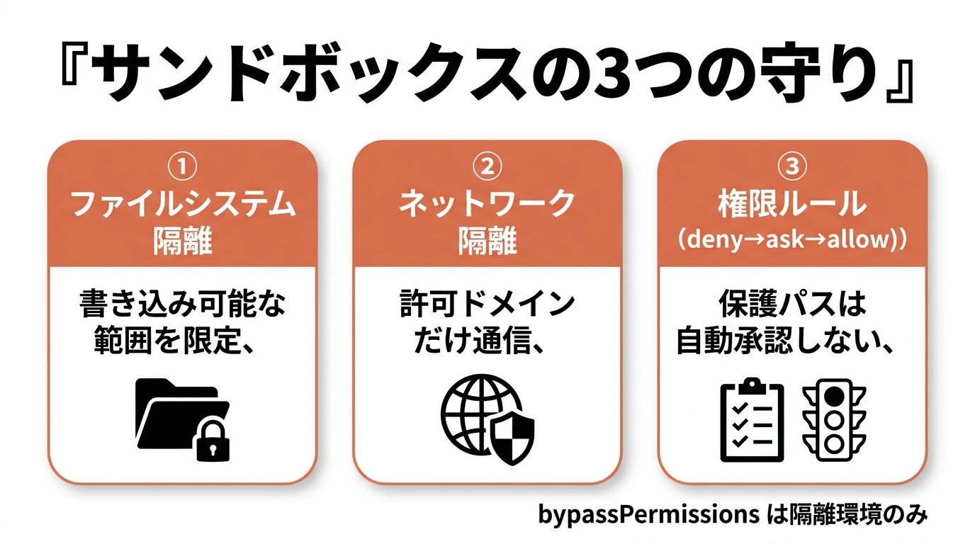 Claude Codeサンドボックスの3つの守り。①ファイルシステム隔離（書き込み範囲を限定）②ネットワーク隔離（許可ドメインのみ通信）③権限ルール（deny→ask→allow・保護パスは自動承認しない）。bypassPermissionsは隔離環境のみ。