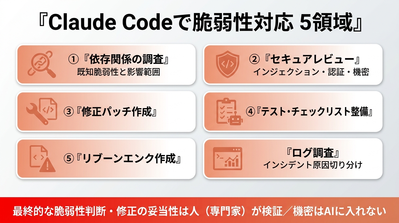 Claude Codeで脆弱性対応5領域。①依存関係の調査（既知脆弱性と影響範囲）②セキュアレビュー（インジェクション・認証・機密）③修正パッチ作成 ④テスト・チェックリスト整備 ⑤ログ調査（インシデント原因切り分け）。最終的な脆弱性判断・修正の妥当性は人（専門家）が検証、機密はAIに入れない。