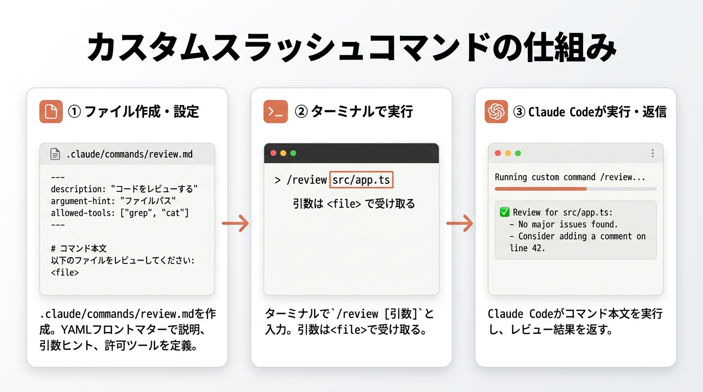 カスタムスラッシュコマンドの仕組み。.claude/commands/review.md（frontmatter: description/argument-hint/allowed-tools）を置くと /review src/app.ts のように呼べ、引数は $ARGUMENTS で受け取りClaude Codeが本文を実行する。