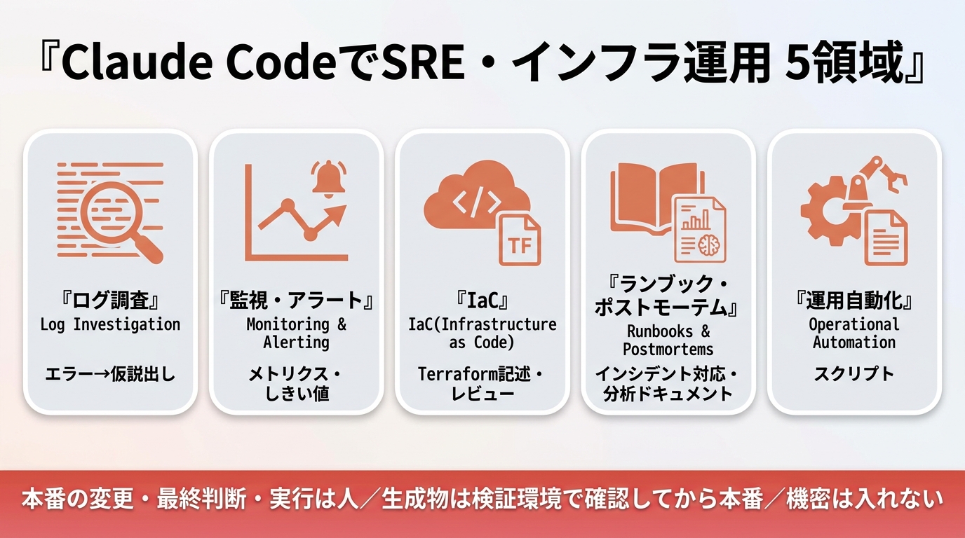 Claude CodeでSRE・インフラ運用5領域。①ログ調査（エラー→仮説出し）②監視・アラート（メトリクス・しきい値）③IaC（Terraform記述・レビュー）④ランブック・ポストモーテム ⑤運用自動化（スクリプト）。本番の変更・最終判断・実行は人、生成物は検証環境で確認してから本番、機密は入れない。