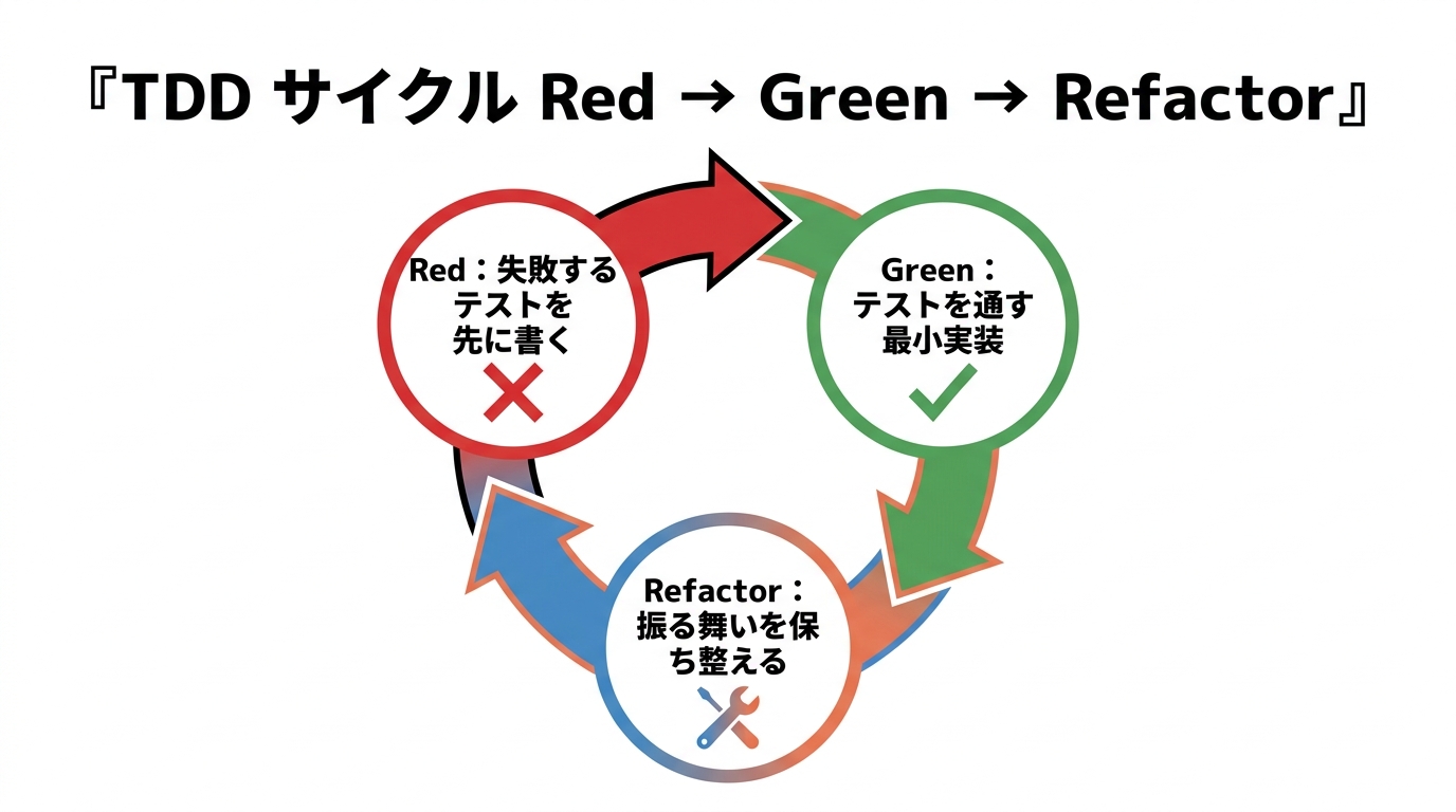 TDDサイクル Red→Green→Refactor。①Red＝失敗するテストを先に書く→②Green＝テストを通す最小実装→③Refactor＝振る舞いを保ち整える、を繰り返す。