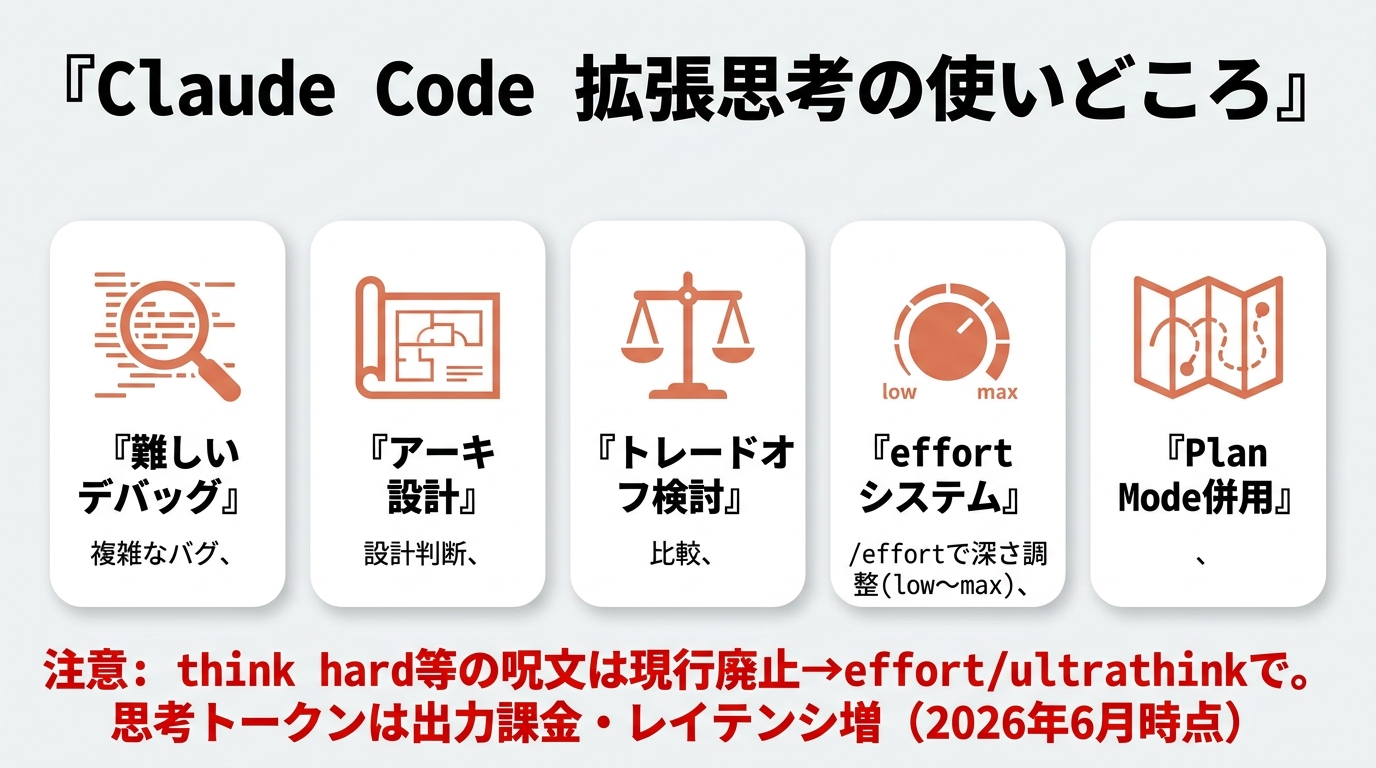 Claude Code 拡張思考の使いどころ。①難しいデバッグ（複雑なバグ）②アーキ設計（設計判断）③トレードオフ検討（比較）④effortシステム（/effortで深さ調整 low〜max）⑤Plan Mode併用。think hard等の呪文は現行廃止→effort/ultrathinkで。思考トークンは出力課金・レイテンシ増（2026年6月時点）。