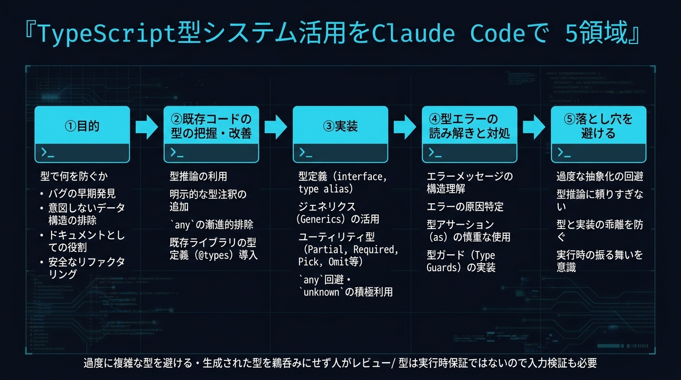TypeScript型システム活用をClaude Codeで進める5領域。①目的（型で何を防ぐか）②既存コードの型の把握・改善 ③実装（型定義・ジェネリクス・ユーティリティ型・any回避）④型エラーの読み解きと対処 ⑤落とし穴を避ける。過度に複雑な型を避ける・生成された型を鵜呑みにせず人がレビュー、型は実行時保証ではないので入力検証も必要。