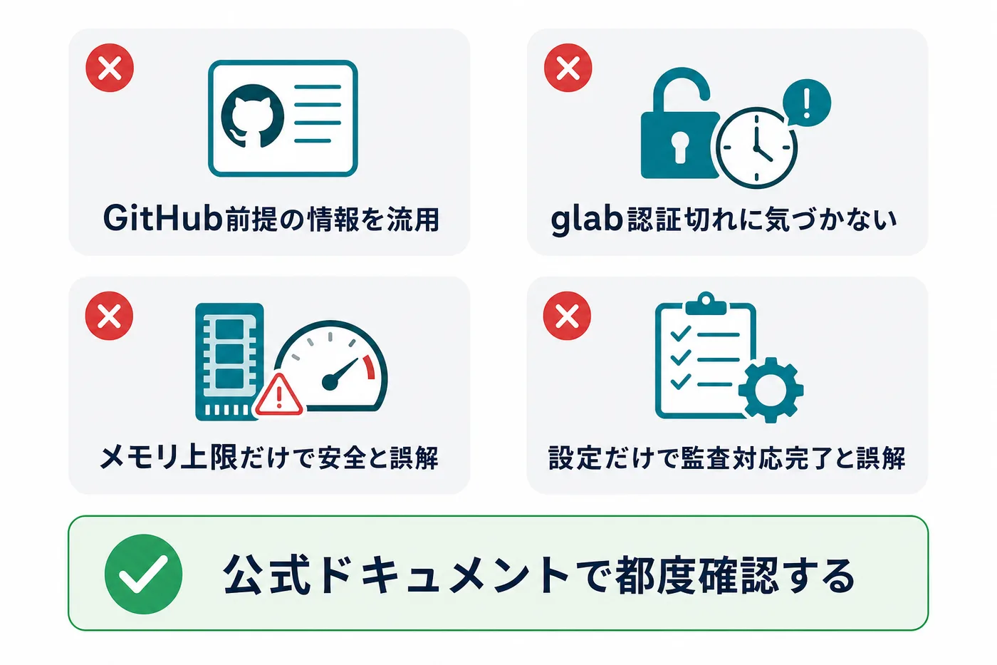 よくある失敗パターン4つのまとめ図。GitHub前提の情報流用、glab認証切れの見落とし、メモリ上限だけで安全と誤解、設定だけで監査対応完了と誤解の4項目と、公式ドキュメントで都度確認する方針