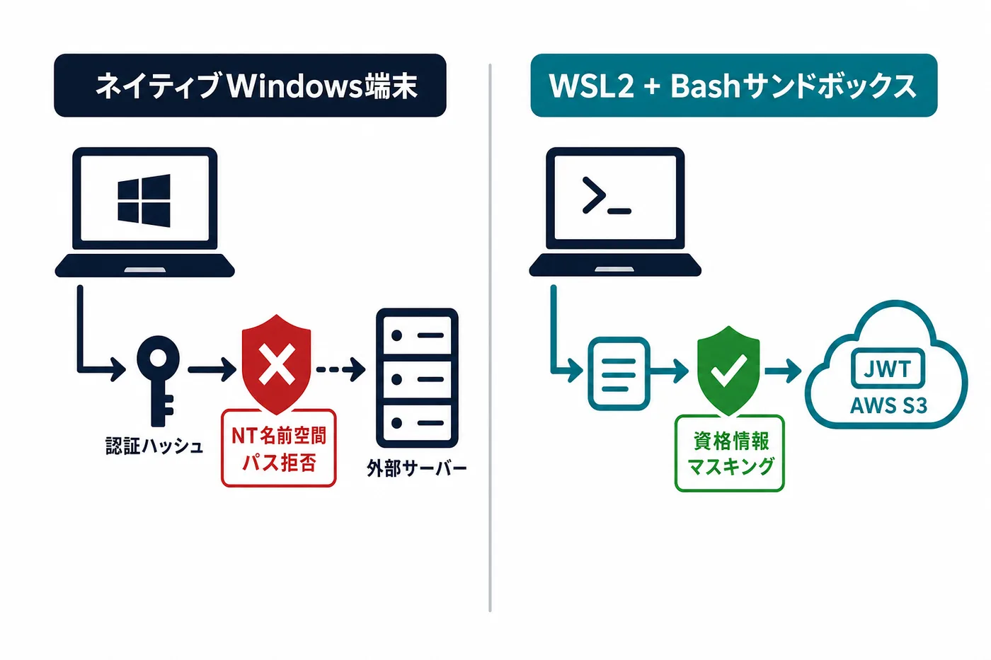 Windows AD環境とクラウドAPI環境の資格情報保護レイヤーの比較図。左側はネイティブWindows端末でNT名前空間パス拒否によりNTLM漏洩経路が遮断される様子、右側はWSL2上のBash sandboxでAWS認証情報とJWTがマスキングされクラウドAPIへ安全に届く様子を示す