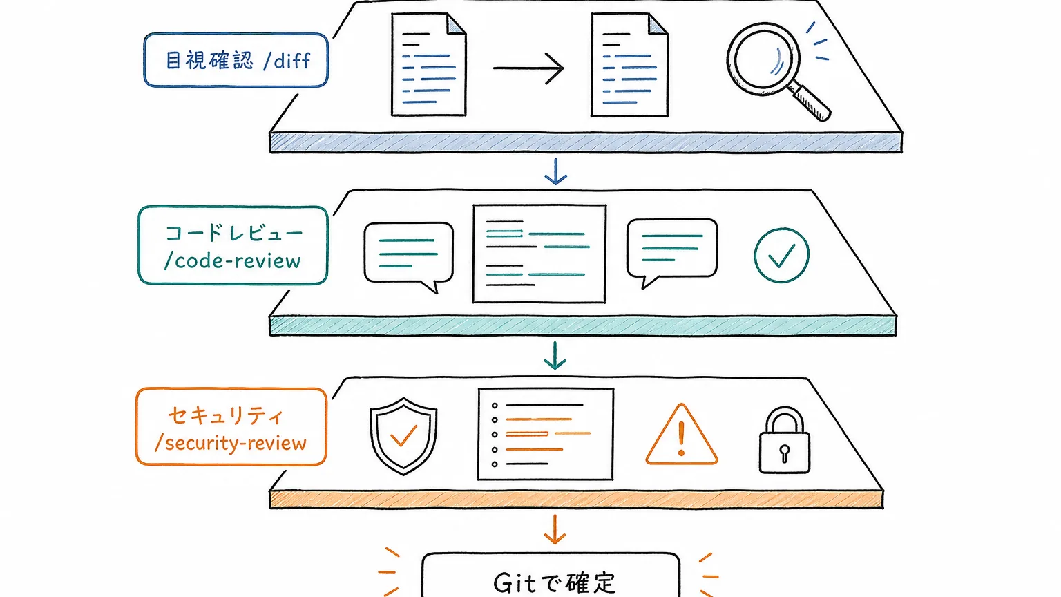 Claude Codeのdiff、code-review、security-review、Git確定を分ける多層レビュー図