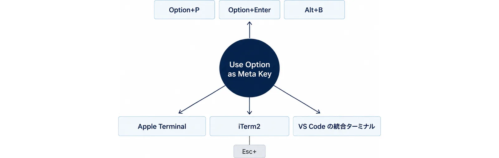 Use Option as Meta Keyの設定を中心に、Apple Terminal、iTerm2のEsc+、VS Codeの統合ターミナルの3つの設定先と、設定後に動くOption+P、Option+Enter、Alt+Bを示した図